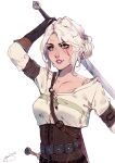  1girl blouse breasts ciri cleavage commentary corset english_commentary fantasy freckles gloves green_eyes hair_bun highres holding holding_sword holding_weapon leather lips lipstick makeup pink_lips scar scar_on_cheek scar_on_face silver_hair solo sword sword_behind_back the_witcher_3 tied_hair weapon white_blouse yachibi 