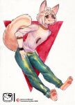  abstract_background absurd_res anthro biped bottomwear canid canine clothed clothing fennec fox fur hair hi_res looking_at_viewer male mammal murazaki painting_(artwork) pants simple_background smile solo sweater text topwear traditional_media_(artwork) url watercolor_(artwork) 