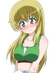  1girl absurdres bangs blonde_hair blush breasts carpaccio_(girls_und_panzer) cleavage closed_mouth commentary embarrassed eyebrows_visible_through_hair frown girls_und_panzer green_eyes green_sports_bra highres long_hair looking_at_viewer medium_breasts simple_background solo sports_bra undressing upper_body wakku_kan white_background 
