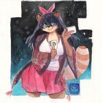  abstract_background accessory anthro biped black_hair bottomwear breasts canid canine clothed clothing female fully_clothed fur hair hair_accessory hair_bow hair_ribbon hi_res looking_at_viewer mammal murazaki painting_(artwork) raccoon_dog ribbons skirt smile solo standing tanuki traditional_media_(artwork) watercolor_(artwork) 