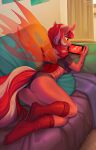  2021 anthro arthropod breasts changeling clothed clothing day detailed_background digital_media_(artwork) fan_character female friendship_is_magic gaming hair hasbro hi_res hole_(anatomy) horn insect_wings inside margony my_little_pony nintendo nintendo_switch playing_videogame red_eyes red_hair smile solo under_boob video_games wings 