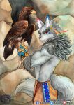  absurd_res anthro avian beak biped bird canid canine canis clothed clothing falcon falconid feral fur gloves handwear hi_res inner_ear_fluff looking_at_viewer male mammal murazaki outside painting_(artwork) smile standing topless traditional_media_(artwork) tuft watercolor_(artwork) wolf 