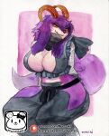  abstract_background absurd_res anthro big_breasts big_butt biped breasts butt cleavage cleavage_cutout clothed clothing female hi_res horn hybrid looking_at_viewer murazaki painting_(artwork) sitting skimpy smile solo traditional_media_(artwork) unknown_species watercolor_(artwork) 