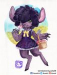  anthro basket biped bovid caprine chibi clothed clothing digitigrade dress female flower fully_clothed fur goat hair hair_over_eye hi_res holding_object hooves looking_at_viewer mammal murazaki one_eye_obstructed outside painting_(artwork) plant smile solo traditional_media_(artwork) watercolor_(artwork) 