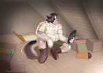  anthro attic canid canine canis clothed clothing dergum digital_media_(artwork) domestic_dog fur hi_res inside male mammal muscular pondering relaxing sitting solo wolf 