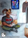  absurd_res anthro bottomwear bovid caprine clothed clothing controller eyewear fully_clothed game_controller glasses goat hi_res horn inside male mammal murazaki painting_(artwork) pants shirt sitting smile solo t-shirt text text_on_clothing topwear traditional_media_(artwork) url video_games watercolor_(artwork) 