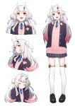  1girl :3 absurdres arms_behind_back black_footwear blazer blue_neckwear cardigan_vest closed_eyes double_bun fang full_body gradient_hair hair_ribbon highres hololive horns jacket long_hair looking_at_viewer looking_up mikan_(chipstar182) multicolored_hair multiple_views nakiri_ayame necktie o3o open_blazer open_clothes open_jacket open_mouth pleated_skirt red_eyes red_hair ribbon school_uniform simple_background skindentation skirt solo standing thighhighs tress_ribbon upper_body virtual_youtuber white_background white_hair white_legwear 