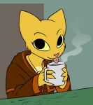  4_fingers anthro bethesda_softworks beverage clothed clothing coffee coffee_mug domestic_cat drinking felid feline felis female fingers katia_managan mammal prequel solo the_elder_scrolls tongue tongue_out unknown_artist video_games webcomic 