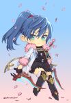  1girl black_legwear blue_hair chibi closed_mouth gloves green_eyes highres long_hair looking_at_viewer maria_traydor murata_tefu skirt smile solo star_ocean star_ocean_anamnesis star_ocean_till_the_end_of_time thighhighs weapon 