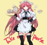  1girl apron artist_name black_legwear breasts closed_mouth english_text eyebrows_visible_through_hair girls_frontline hand_on_hip highres holding holding_tray long_hair looking_at_viewer maid maid_apron maid_headdress ntw-20_(girls_frontline) purple_eyes purple_hair simple_background sobi_(dnenqkswja) solo standing thighhighs tray yellow_background 