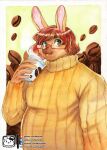  abstract_background absurd_res anthro beverage clothed clothing coffee eyewear fully_clothed fur glasses hair hi_res kemono lagomorph leporid male mammal murazaki painting_(artwork) rabbit smile solo sweater topwear traditional_media_(artwork) watercolor_(artwork) 