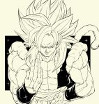  abs bangs biceps dragon_ball dragon_ball_gt fusion fusion_dance gogeta hand_on_hip highres homelanderrr looking_at_viewer metamoran_vest monkey_boy monkey_tail muscular muscular_male no_nipples pectorals saiyan shoulders simple_background smirk solo spiked_hair standing super_saiyan super_saiyan_4 tail 