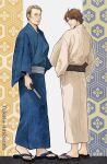 2boys blue_kimono brown_eyes brown_hair chiyo_(willgrahamlove) fan folding_fan hannibal_(tv_series) hannibal_lecter holding holding_fan japanese_clothes kimono looking_at_viewer looking_back male_focus multiple_boys sandals simple_background standing wide_sleeves will_graham 