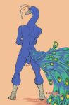  2021 anthro avian backsack balls beastars bird blue_body blue_feathers butt crossed_arms dom_(beastars) feathers foreskin full-length_portrait galliform genitals humanoid_genitalia humanoid_penis looking_at_viewer looking_back looking_back_at_viewer male nude peacock_feather peafowl penis perineum phasianid pinup portrait pose rear_view signature smile solo standing tail_feathers thorso_the_vile uncut 