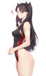  1girl bare_shoulders black_hair blue_eyes breasts cowboy_shot eyebrows_visible_through_hair fate/stay_night fate_(series) from_side heart leotard long_hair looking_at_viewer medium_breasts one-piece_swimsuit simple_background sleeveless solo swimsuit tohsaka_rin white_background zucchini 