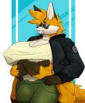  6_arms absurd_res alternate_version_at_source anthro big_breasts big_bulge black_clothing black_jacket black_sclera black_topwear bottomwear breasts brown_markings bulge canid canine chest_tuft clothing crossed_arms eye_patch eyewear fox fur green_bottomwear green_clothing green_pants gynomorph hands_on_hips hi_res huge_breasts intersex jacket mammal markings multi_arm multi_limb multicolored_body multicolored_fur muscular muscular_gynomorph muscular_intersex orange_body orange_fur pants prosthetic ranara simple_background smaller_version_at_source solo sukarabe_ren sunglasses topwear tuft two_tone_body two_tone_fur white_body white_fur 