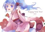  1girl 2021 7aka_ne11 :d arm_support blue_eyes blue_hair blue_slime blush commentary eyebrows_visible_through_hair floral_background floral_print flower flower_request furisode hair_flower hair_ornament hair_up hand_up happy_new_year in_container japanese_clothes jar kimono liquid_hair long_hair looking_at_viewer merc_(merc_storia) merc_storia minigirl monster_girl nengajou new_year obi open_mouth pink_kimono ponytail print_kimono round_teeth sash simple_background slime_girl smile solo teeth upper_body upper_teeth waist_bow white_background 