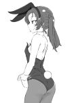  1girl alternate_costume animal_ears ass back backless_outfit bunny_ears bunny_tail closed_mouth commentary cowboy_shot detached_collar fake_animal_ears fake_tail from_side girls_und_panzer greyscale kadotani_anzu leotard long_hair monochrome ngc20701 pantyhose playboy_bunny smile solo strapless strapless_leotard tail twintails wrist_cuffs 