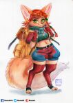  absurd_res anthro backpack biped bottomwear braided_hair breasts canid canine cleavage cleavage_cutout clothed clothing crop_top digitigrade female fennec fox fur hair hi_res legwear looking_at_viewer mammal midriff murazaki navel painting_(artwork) paws red_hair shirt shorts simple_background smile standing thigh_highs topwear traditional_media_(artwork) watercolor_(artwork) white_background wide_hips 