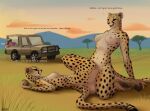  anthro antira being_watched breasts brown_eyes butt camera car cheetah dialogue duo_focus english_text felid feline female female/female fur group hi_res human looking_at_another lying mammal navel nipples on_back open_mouth pawpads savanna sex spots spotted_body spotted_fur spread_legs spreading text tribadism vaginal vehicle 