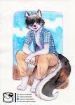  absurd_res anthro biped bottomwear canid canine clothed clothing fully_clothed fur hair hi_res looking_at_viewer male mammal murazaki open_clothing open_mouth open_shirt open_topwear outside painting_(artwork) pants paws shirt sitting smile solo text topwear traditional_media_(artwork) url watercolor_(artwork) 