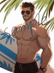  1boy amo9612 bara bare_pecs beard black_swimsuit facial_hair large_pectorals looking_at_viewer male_focus male_swimwear muscular original palm_leaf palm_tree pectorals shirtless solo standing sunglasses surfboard swim_trunks swimsuit swimwear tree undercut watch white_background wristwatch 