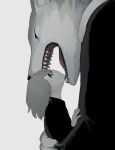  1boy 1other animal_head avogado6 black_jacket cannibalism colored_skin from_side furry grey_hair highres jacket medium_hair open_mouth original saliva white_skin wolf 