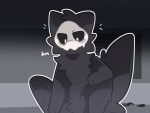  ambiguous_gender anthro black_background black_body black_fur canid canine canis changed_(video_game) dialogue fur goobysart grey_background hi_res looking_down mammal mask puro_(changed) simple_background sitting solo wolf 