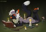  2021 anthro candle canid canine digital_media_(artwork) eyebrows eyelashes feet fingers grass kaitycuddle male mammal plant solo toes 