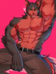  2021 abs anthro belt biceps bottomwear canid canine chung0_0 chung0u0 cigarette clothing fur hi_res male mammal multicolored_body multicolored_fur muscular muscular_anthro muscular_male nipples pecs pink_background scar simple_background smoking solo 