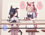  2girls :d ^_^ animal_ears black_hair black_headwear blue_flower blue_rose blurry blurry_background blush bow bowl closed_eyes commentary_request cup depth_of_field ear_bow flower hair_over_one_eye haru_urara_(umamusume) hat hat_flower headband highres holding holding_tray horse_ears horse_girl horse_tail indoors long_hair multiple_girls open_mouth pink_hair pleated_skirt ponytail puffy_short_sleeves puffy_sleeves purple_shirt red_headband rice_shower rose shirt short_sleeves sitting skirt smile standing tail thighhighs tilted_headwear translation_request tray umamusume very_long_hair white_bow white_legwear white_skirt yukie_(kusaka_shi) 