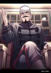  1boy artist_name black_eyes black_hair boots crossed_legs facial_hair forehead_protector goatee golden_kamuy hand_up highres letterboxed looking_at_viewer male_focus menma_kozo mustache pants scar sitting solo tsurumi_tokushirou uniform window 