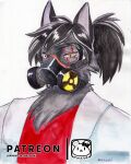  absurd_res anthro clothed clothing coat fur gas_mask hair hi_res lab_coat looking_at_viewer mask murazaki neck_tuft ponytail scar simple_background solo topwear traditional_media_(artwork) tuft unknown_species white_background 