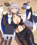  1girl artist_name asymmetrical_sleeves azur_lane barleyshake black_gloves black_legwear black_skirt blue_eyes breasts cleavage coat cross cross_necklace earrings gloves highres jewelry large_breasts long_hair looking_at_viewer lying midriff military military_uniform mole mole_on_breast naval_uniform necklace on_back open_clothes open_coat pantyhose pencil_skirt silver_hair skirt solo uniform washington_(azur_lane) white_coat 