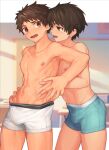  2boys bangs blush boxer_briefs brown_eyes brown_hair bulge chromatic_aberration classroom collarbone cowboy_shot hand_on_another&#039;s_hip highres hip_bones holding_hand indoors looking_at_another male_focus male_underwear multiple_boys navel nipples open_mouth original outside_border pectorals profile r-744 school short_hair spiked_hair standing underwear underwear_only yaoi 