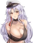  1girl azur_lane bare_shoulders black_bra black_tank_top blush bra bra_strap breasts cleavage collarbone commentary_request detached_collar eyebrows_visible_through_hair feet_out_of_frame fingernails hand_on_back hand_on_own_chest large_breasts long_hair looking_at_viewer mole mole_on_breast multicolored_hair nail_polish red_eyes silver_hair solo standing tallinn_(azur_lane) tallinn_(nostalgic_pilsner)_(azur_lane) tank_top underwear wejil white_background white_headwear 