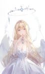  1girl angel angel_wings arms_up blonde_hair blue_eyes blush breasts cleavage commentary detached_sleeves dress eyebrows_visible_through_hair hair_ribbon halo head_tilt jewelry large_breasts long_hair looking_to_the_side naru_(ul) necklace original oversized_object praying ribbon see-through_sleeves simple_background solo strapless strapless_dress symbol_commentary upper_body white_background white_dress white_ribbon white_sleeves wings 
