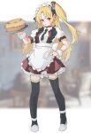  1girl alternate_costume apron azur_lane bangs black_legwear black_neckwear blonde_hair blurry blurry_background breasts bu4321 cleveland_(azur_lane) enmaided food frills hand_on_hip highres holding holding_tray long_hair maid maid_headdress necktie one_side_up pie red_eyes short_sleeves small_breasts solo standing thighhighs tray white_apron wrist_cuffs 