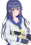  1girl bangs black_gloves black_hair blue_hairband blue_sailor_collar blue_skirt blush closed_mouth commentary_request eyebrows_visible_through_hair fingerless_gloves girls_frontline gloves gun hair_between_eyes hairband highres holding holding_gun holding_weapon long_hair long_sleeves looking_at_viewer mitsumine_raimu mole mole_under_eye necktie object_namesake pleated_skirt purple_eyes sailor_collar school_uniform serafuku shirt simple_background skirt smile solo super_sass super_sass_(girls_frontline) trigger_discipline very_long_hair weapon white_background white_shirt yellow_neckwear 