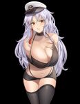  1girl azur_lane bare_shoulders black_background black_bra black_legwear black_shorts black_tank_top blush bra bra_strap breasts cleavage collarbone commentary_request detached_collar eyebrows_visible_through_hair feet_out_of_frame fingernails hand_on_back hand_on_own_chest large_breasts long_hair looking_at_viewer mole mole_on_breast multicolored_hair nail_polish navel red_eyes shorts silver_hair solo standing tallinn_(azur_lane) tallinn_(nostalgic_pilsner)_(azur_lane) tank_top thighhighs underwear wejil white_headwear 