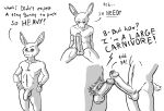  2021 ambiguous_species anthro balls beastars black_and_white comparing comparing_penis crossgender dialogue duo english_text erection ffog flaccid foreskin ftm_crossgender genitals haru_(beastars) hi_res humanoid_genitalia humanoid_penis lagomorph leporid male male/male mammal monochrome navel nude penis penis_size_difference pubes rabbit simple_background sitting solo_focus standing text uncut white_background 