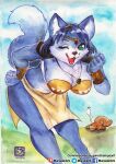  absurd_res anthro biped blue_body blue_fur blue_hair bracelet breasts canid canine clothing duo female fox fur hair hi_res jewelry krystal leaning leaning_forward looking_at_viewer mammal murazaki nintendo one_eye_closed open_mouth outside painting_(artwork) smile solo_focus star_fox traditional_media_(artwork) video_games watercolor_(artwork) white_body white_fur 