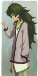  1girl antenna_hair arm_at_side bangs clenched_hand commentary dress expressionless green_dress green_eyes green_hair grey_background hand_up head_down highres hiyajou_maho long_hair menomorute messy_hair purple_shirt reaching_out shirt solo steins;gate steins;gate_0 thick_eyebrows two-tone_dress white_dress 