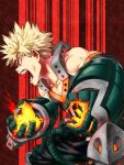  1boy angry bakugou_katsuki black_background blonde_hair boku_no_hero_academia commentary_request gauntlets gloves green_gloves highres knee_pads open_mouth orange_gloves red_background red_eyes sleeveless sparks spiked_hair teeth two-tone_background two-tone_gloves yomoyama_yotabanashi 