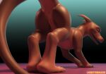  3d_(artwork) anus butt claws cookie_(critterclaws) crittermatic digital_media_(artwork) digitigrade dragon female feral finger_claws genitals gradient_background looking_at_viewer looking_back low-angle_view orange_body presenting pussy quadruped rear_view simple_background slit solo toe_claws wingless_dragon 