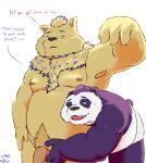  2021 anthro balls brown_body brown_fur duo english_text eyes_closed fur genitals giant_panda hair hi_res humanoid_hands itazura_igen male male/male mammal nipples overweight overweight_male penis purple_body purple_fur purple_hair simple_background text ursid white_background white_body white_fur 