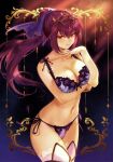  1girl absurdres bangs bare_shoulders bow bow_bra bra breasts cleavage closed_mouth fate/grand_order fate_(series) hair_ornament highres jewelry large_breasts long_hair looking_at_viewer mashuu_(neko_no_oyashiro) medium_breasts navel panties ponytail purple_hair red_eyes scan scathach_(fate)_(all) scathach_skadi_(fate) side-tie_panties simple_background solo stomach thighhighs tiara tied_hair underwear underwear_only 