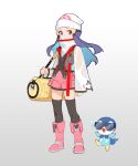 1girl adapted_costume bag beanie black_hair boots closed_mouth commentary_request cropped_jacket dawn_(pokemon) duffel_bag grey_background grey_eyes hair_ornament hairclip hat jacket korean_commentary long_hair long_sleeves open_clothes open_jacket pagye pink_footwear pink_skirt piplup pokemon pokemon_(creature) pokemon_(game) pokemon_dppt shirt simple_background skirt thighhighs white_headwear yellow_bag 