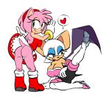  amy_rose anthro bottomwear breasts butt chiropteran clothed clothing duo edit eulipotyphlan eyelashes female hedgehog high_heels lipstick makeup mammal presenting raised_bottomwear raised_clothing raised_skirt rouge_the_bat skirt sonic_the_hedgehog_(series) squidapple wings 