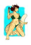  abstract_background anthro bikini biped bodily_fluids clothing crouching digital_media_(artwork) felid female fur gun hair headphones holding_object holding_weapon mammal midriff murazaki navel pantherine ranged_weapon solo sweat swimwear weapon 